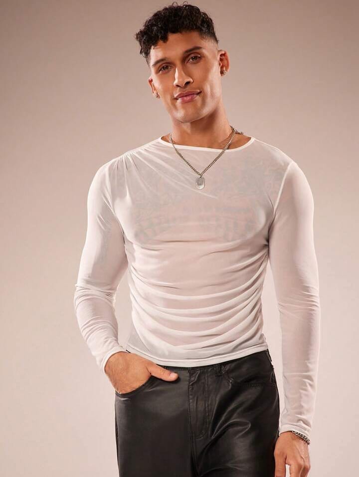 Men's Mesh Sheer Casual Asymmetrical Long Sleeve Round Neck T-Shirt